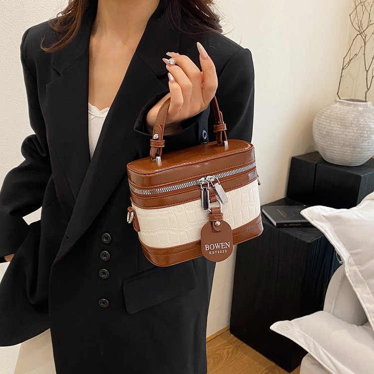 PU Bucket Bag with Zipper and Patchwork Detail - Image 2