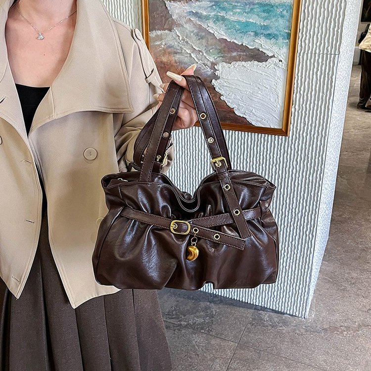 PU Ruched Shoulder Handbag with Lock Clasp and Zip Closure - Image 2